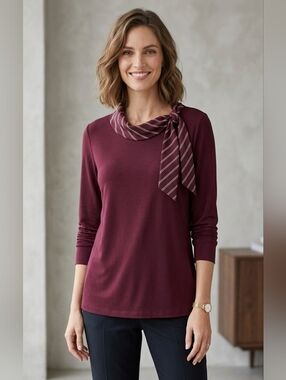 Ann Taylor Maroon Blouse with Striped Scarf Long Sleeve Size Large Petite EUC